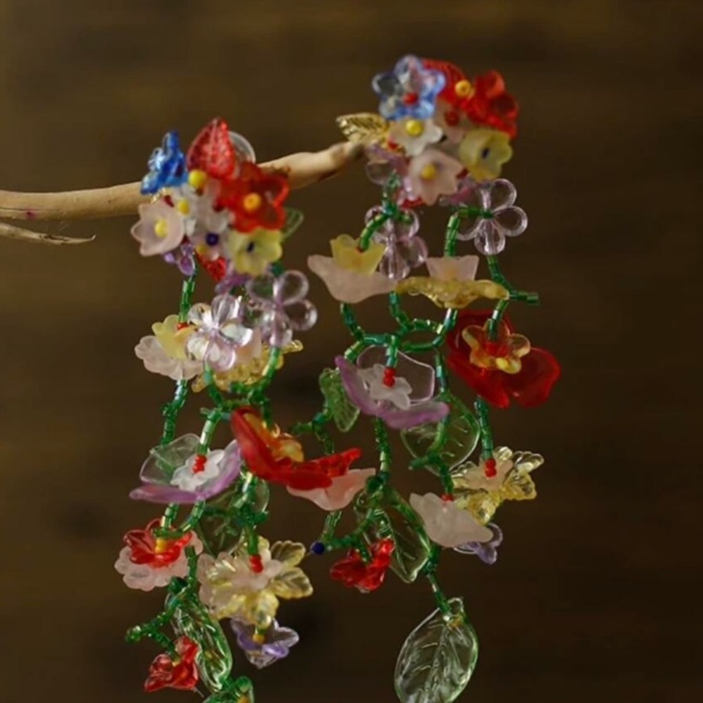 beaded floral tropical dangling earrings for FARM Rio Ad. - Picture 16 of 16